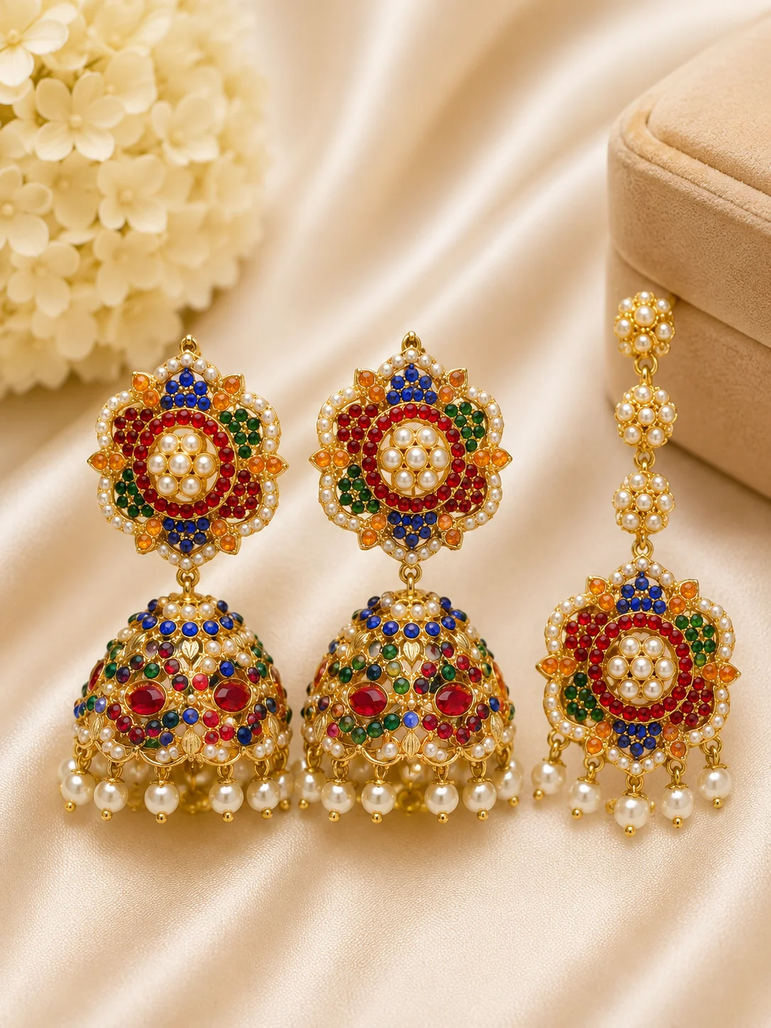 Premium Multicolor Pearl Jhumka Earrings with Maang Tikka Set