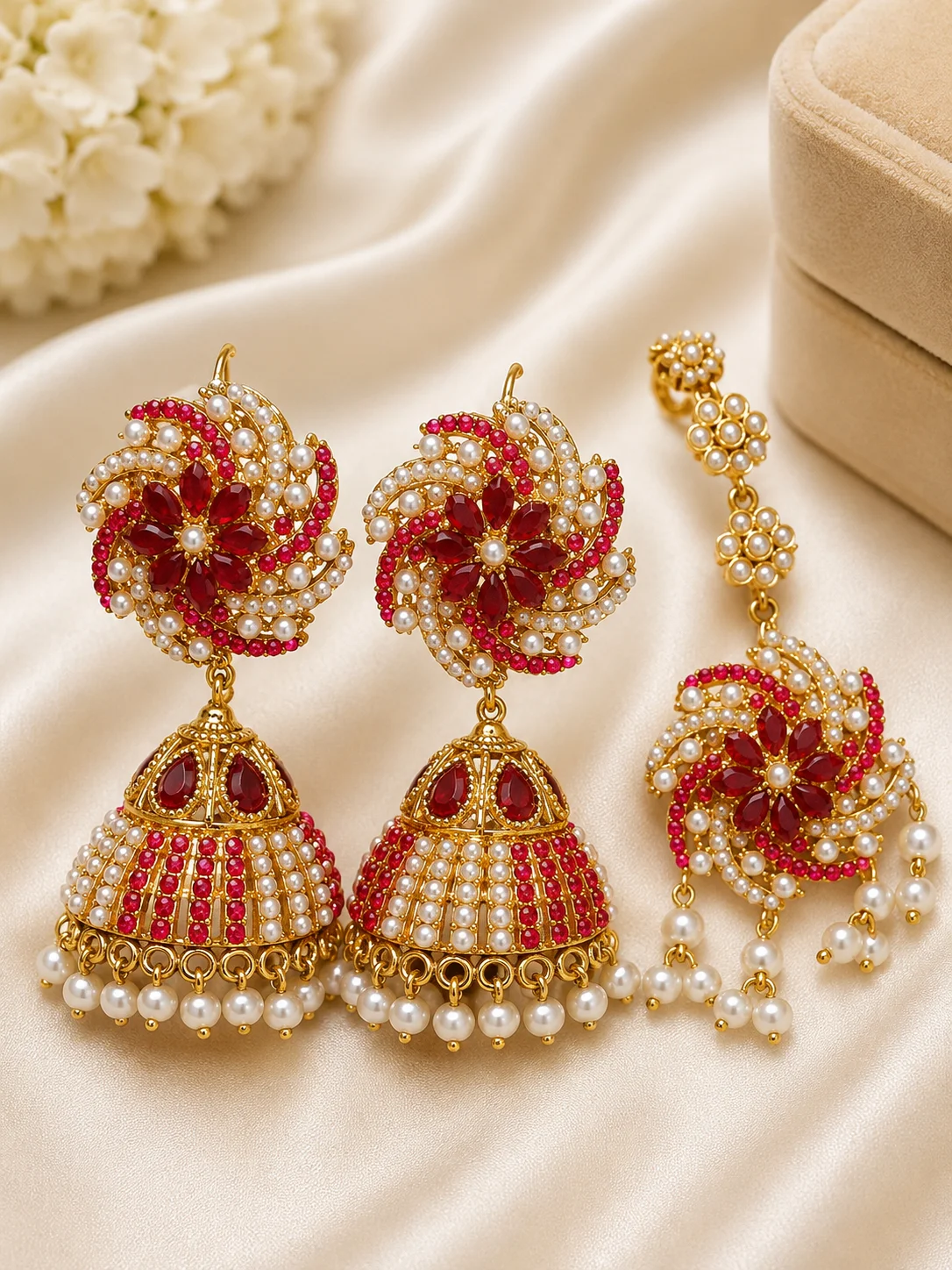 Luxury Red Pearl Jhumka Earrings with Matching Maang Tikka Set