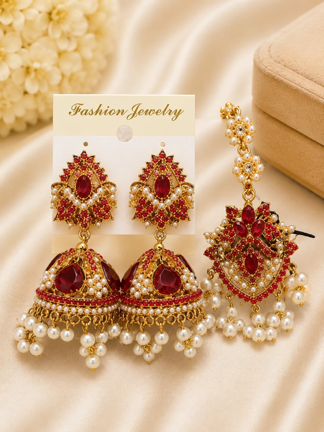 Luxury Red Bridal Jhumka Earrings with Matching Maang Tikka Set