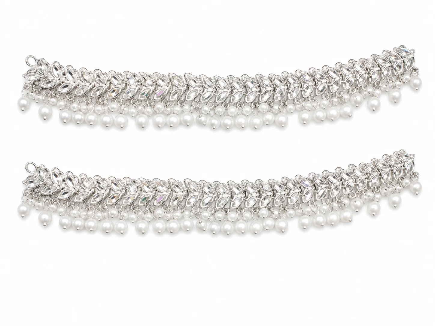 Luxury Silver Pearl Bridal Payal – Leaf Crystal Anklet Pair