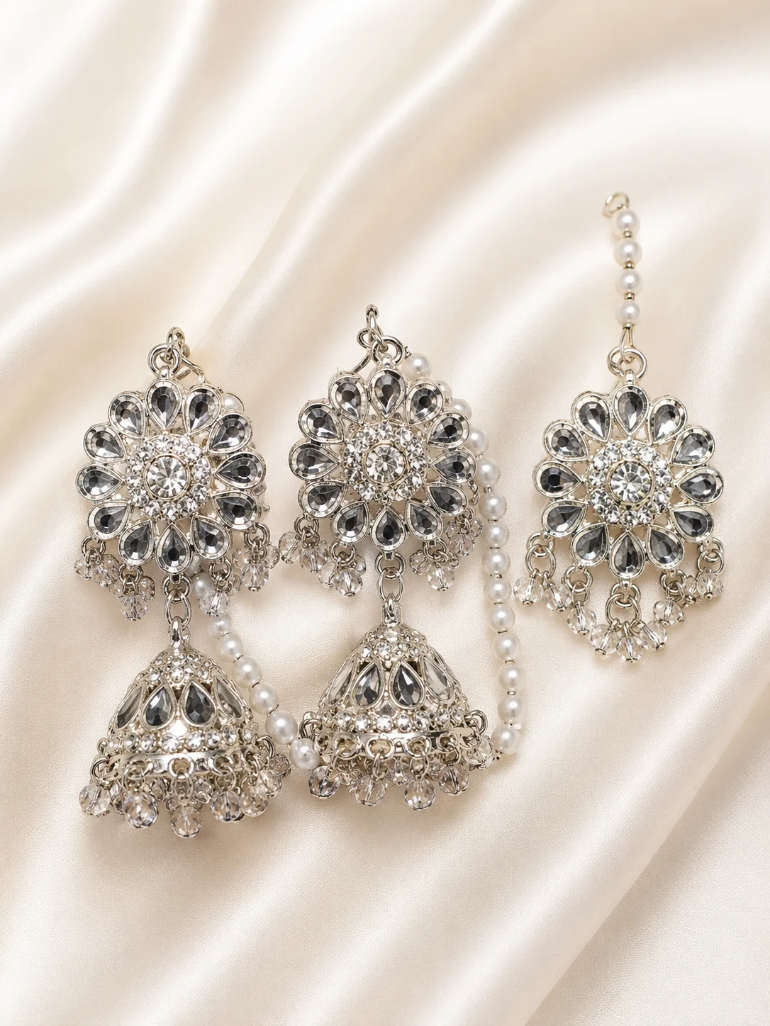 Elegant Silver Jhumka Earrings with Matching Maang Tikka Set
