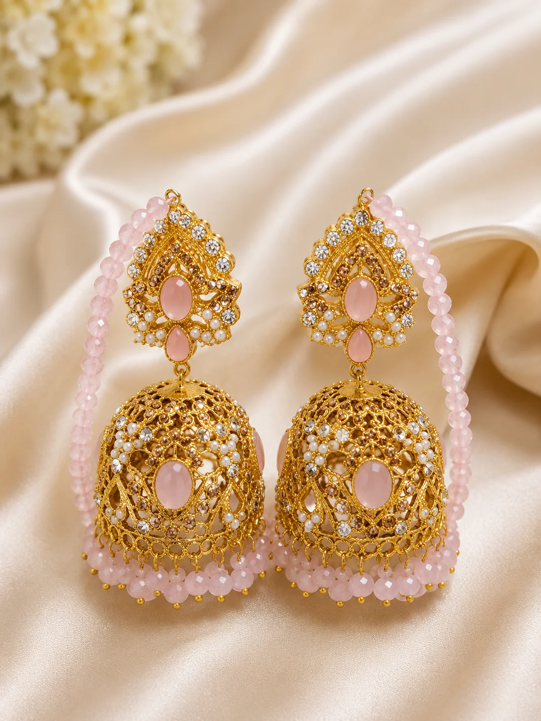 Luxury Pink Stone Gold Plated Jhumka Earrings for Women