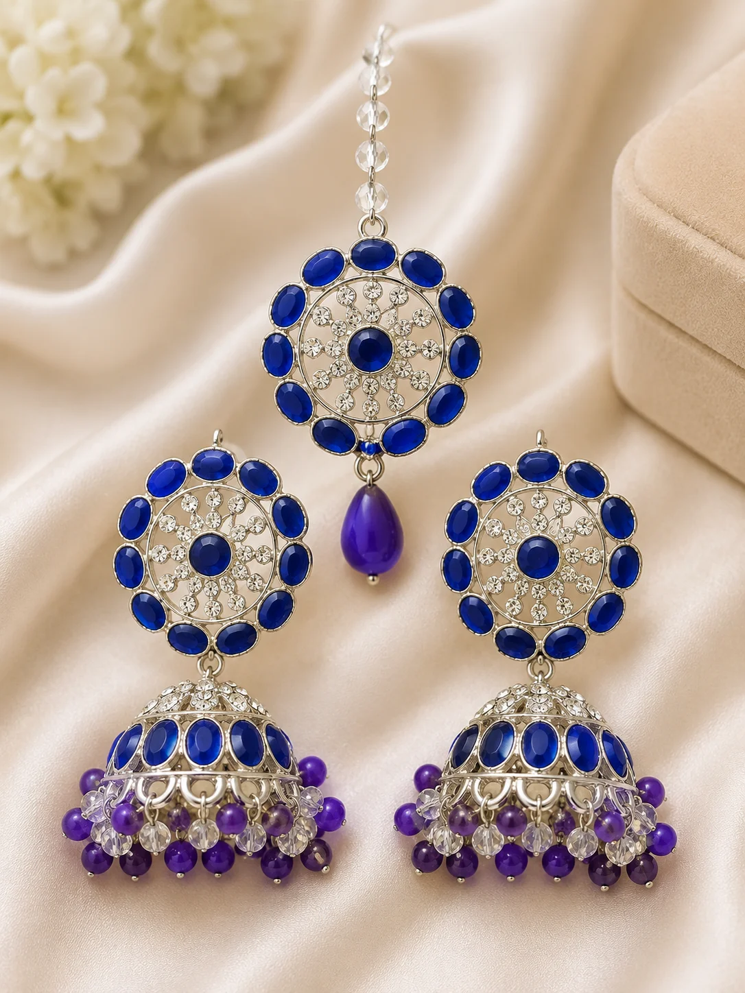Luxury Green Stone Silver-Plated 3 Piece Jhumka Set for Women