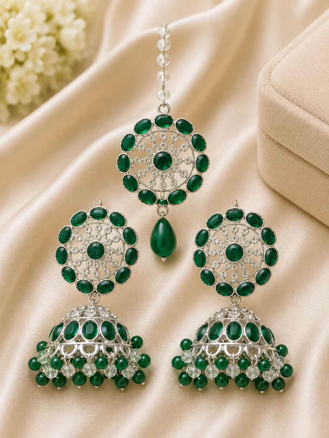 Luxury Green Stone Silver-Plated 3 Piece Jhumka Set for Women