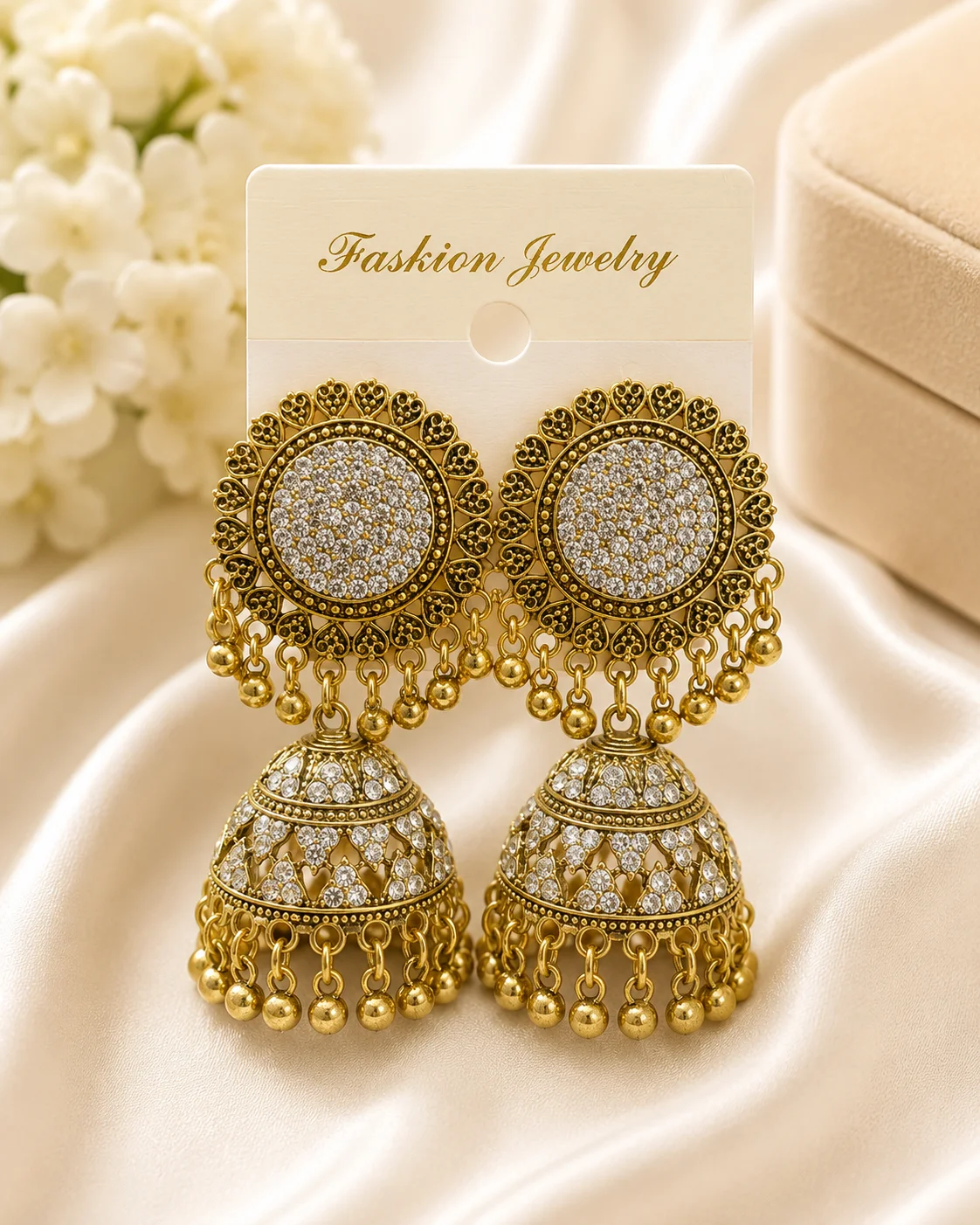 Antique Gold Crystal Jhumka Earrings for Women