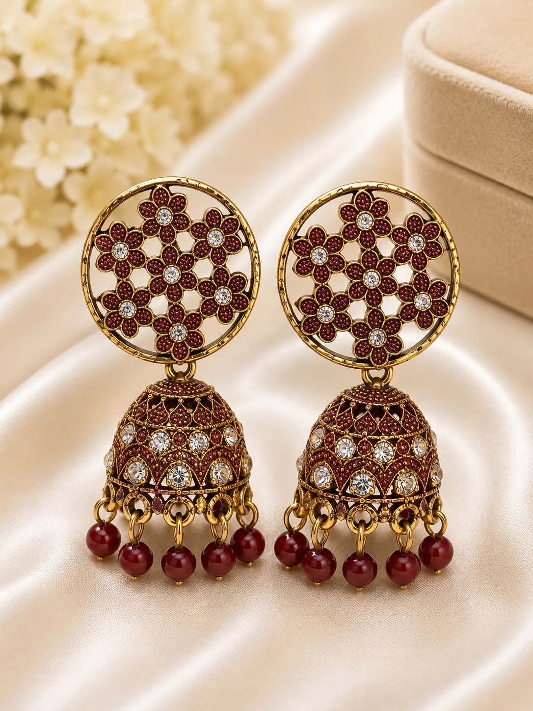 Elegant Antique Jhumka Earrings Set – Red & Black Beads