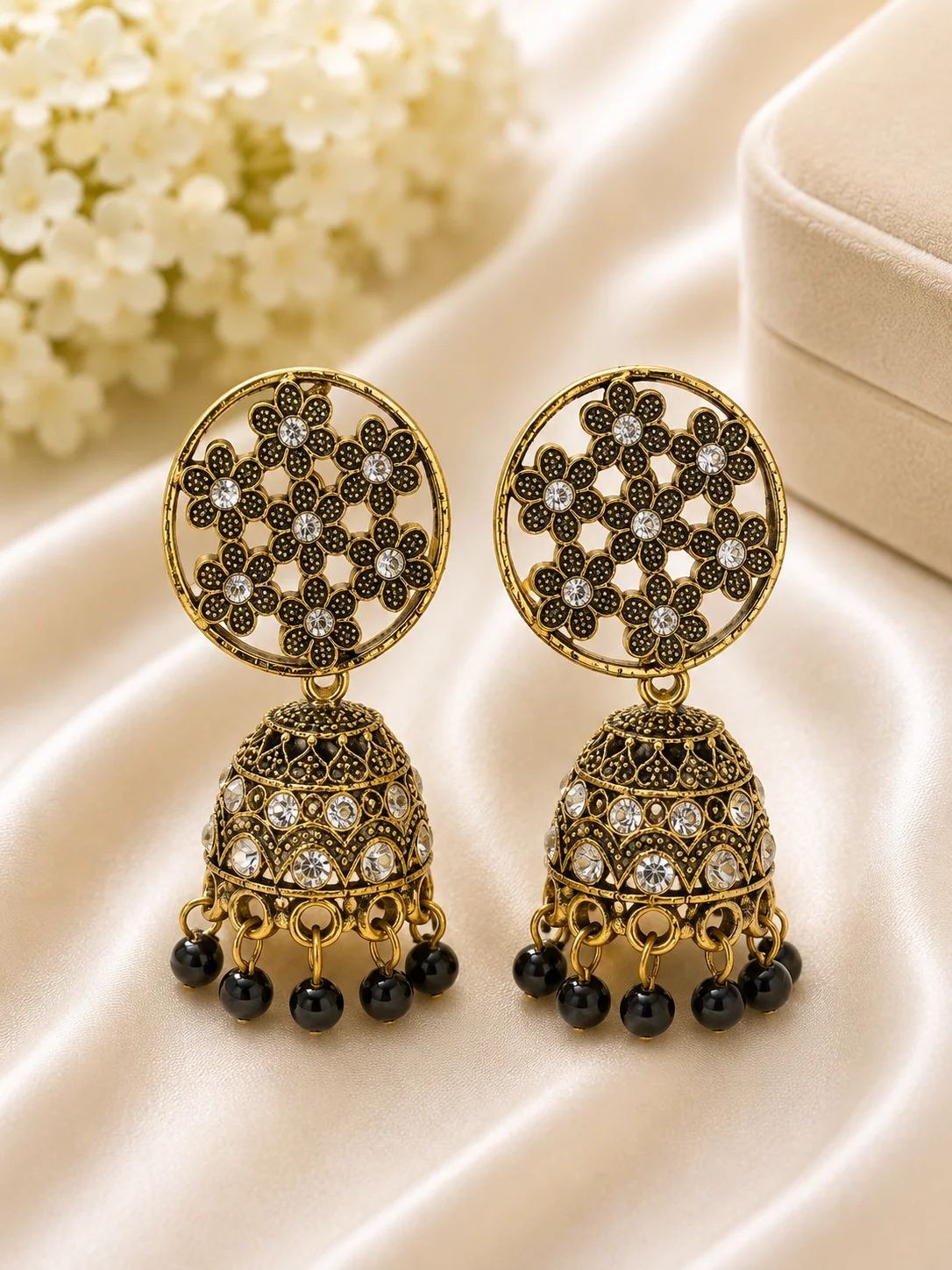 Elegant Antique Jhumka Earrings Set – Red & Black Beads
