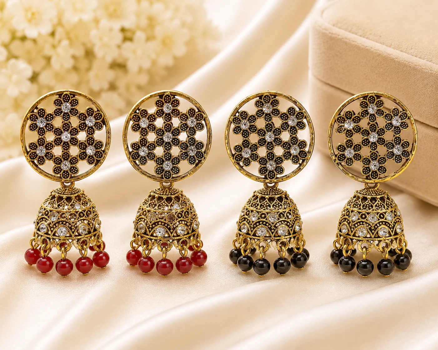 Elegant Antique Jhumka Earrings Set – Red & Black Beads
