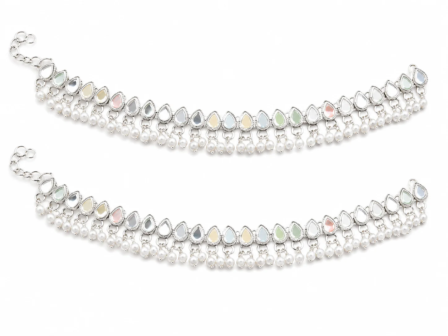 Pastel Crystal Pearl Silver Payal – Elegant Bridal Anklet Set