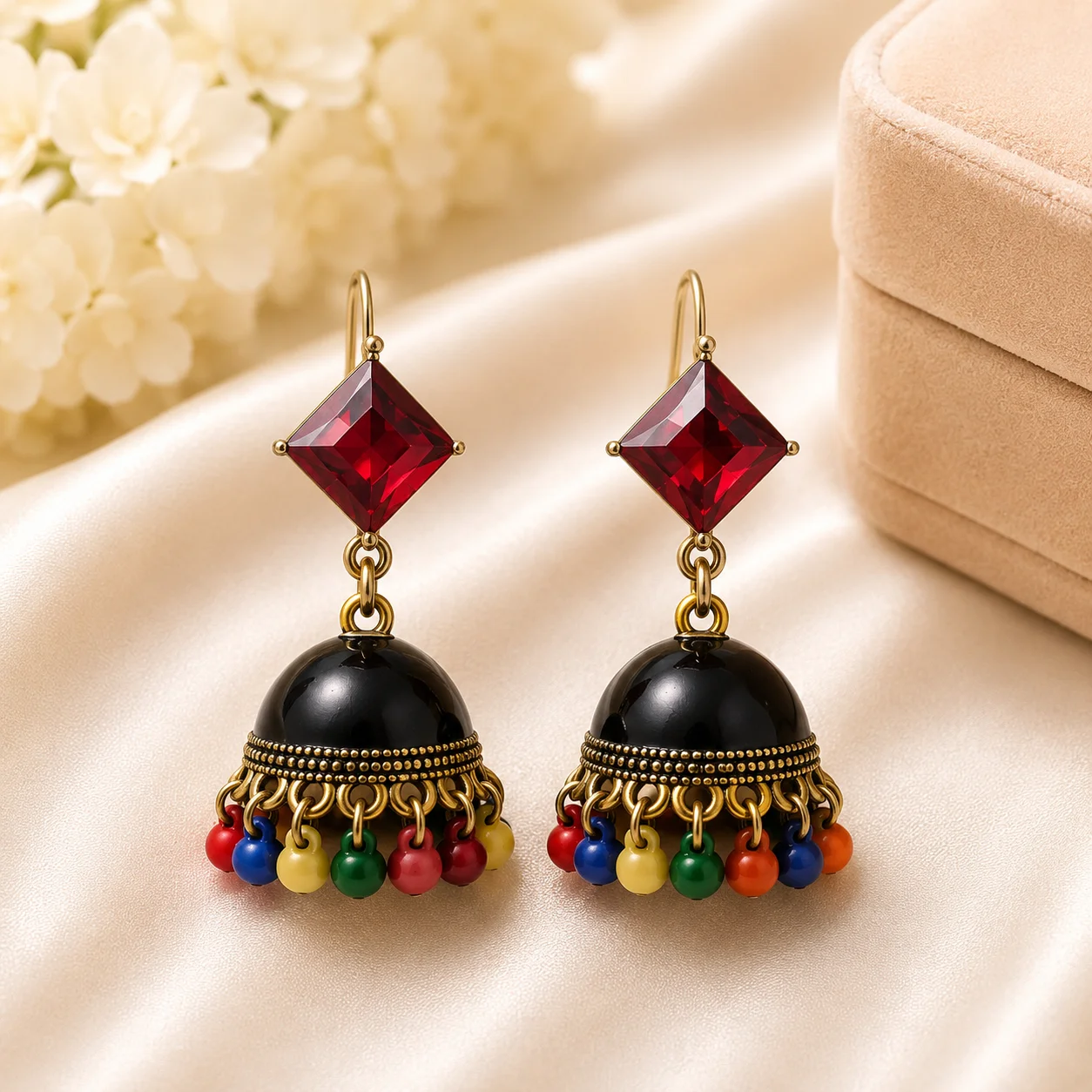 Antique Black Jhumka Earrings with Ruby Red Stone & Multicolor Beads