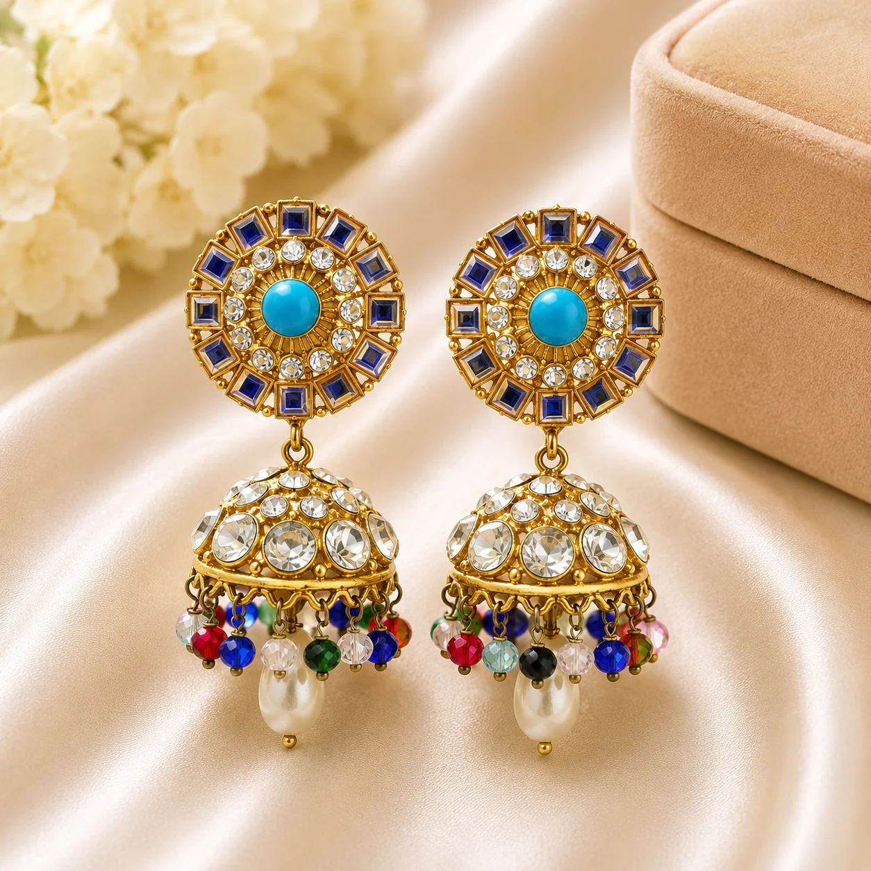 Luxury Multicolor Stone Jhumka Earrings – 3 Color Collection