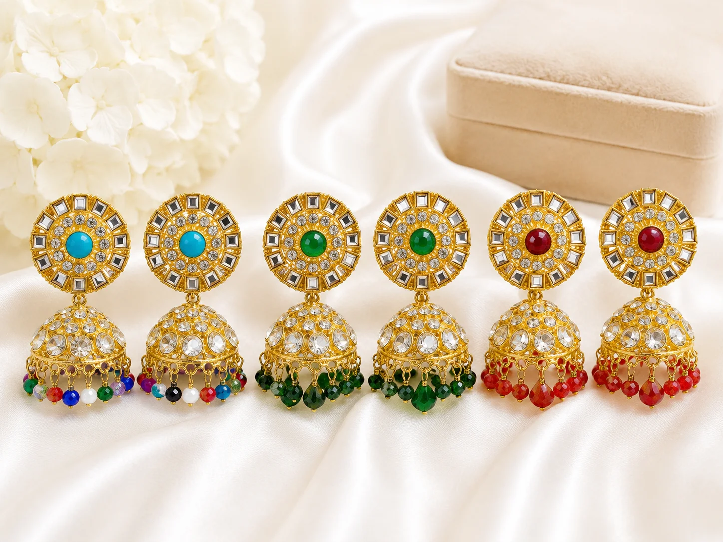Luxury Multicolor Stone Jhumka Earrings – 3 Color Collection