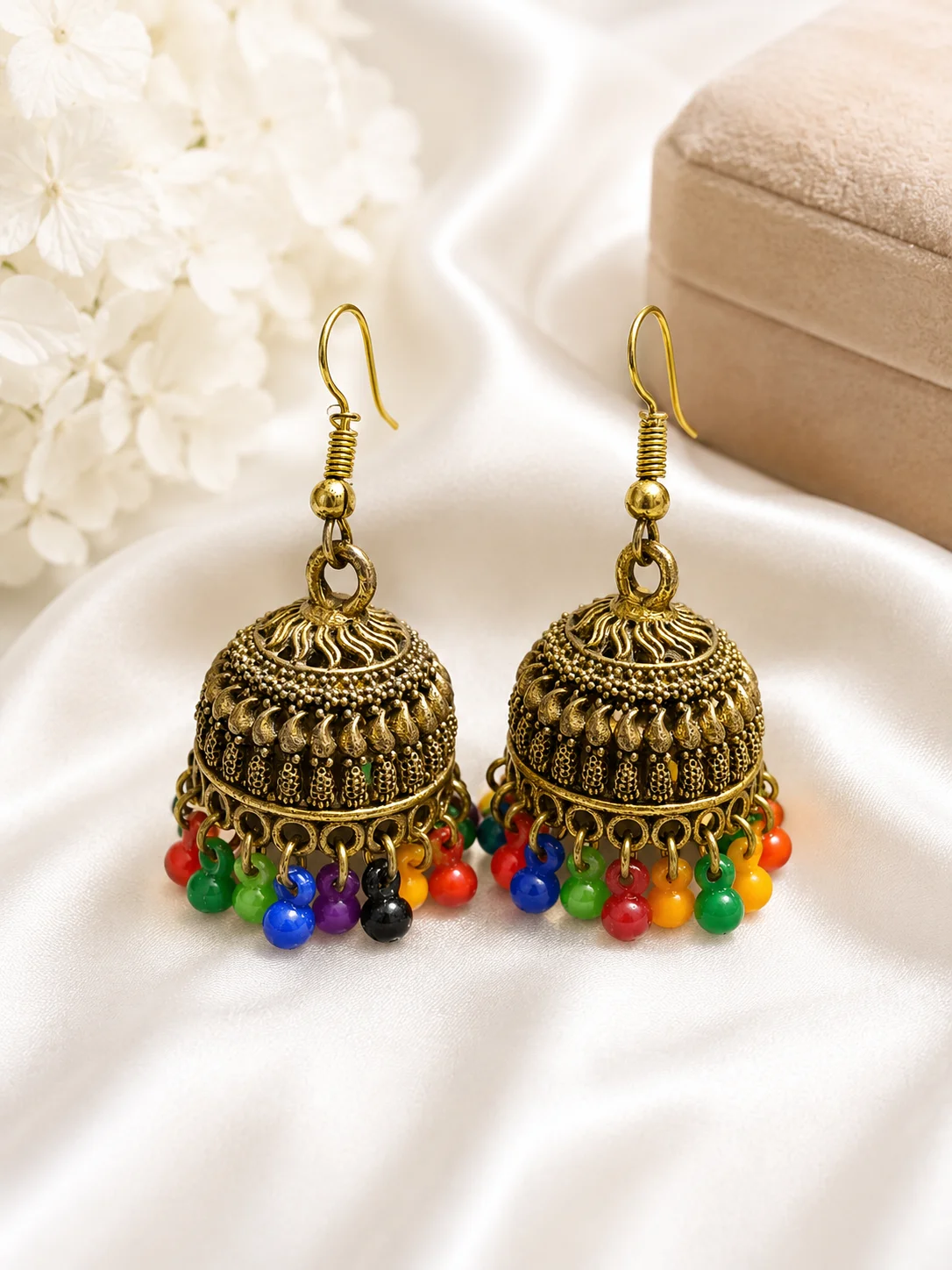Antique Gold Multicolor Beaded Jhumka Earrings