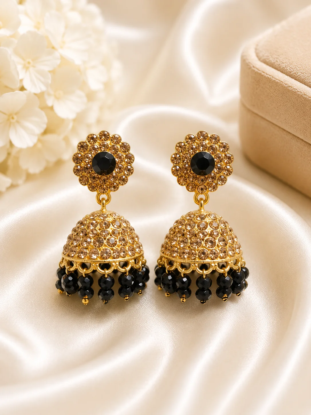 Gold Crystal Jhumka Earrings