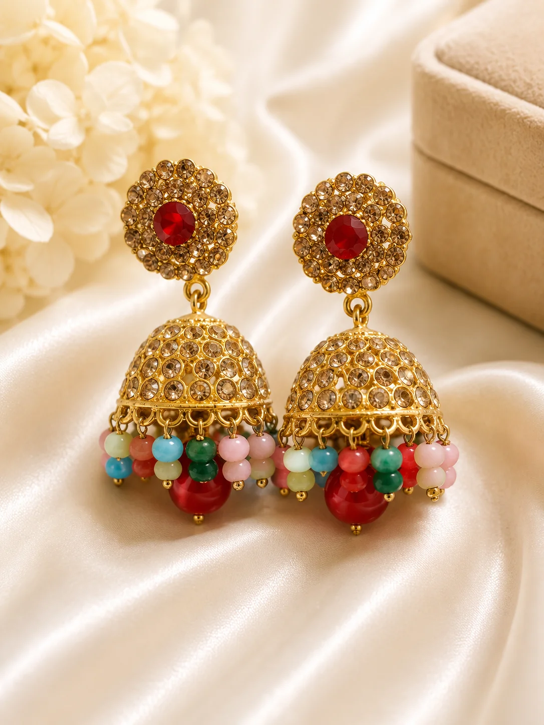 Gold Crystal Jhumka Earrings