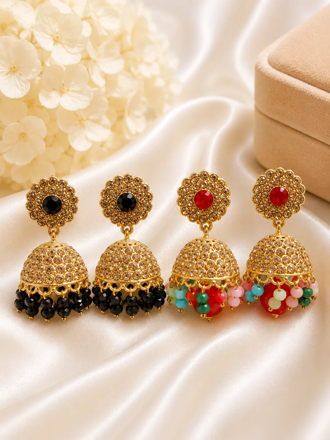 Gold Crystal Jhumka Earrings
