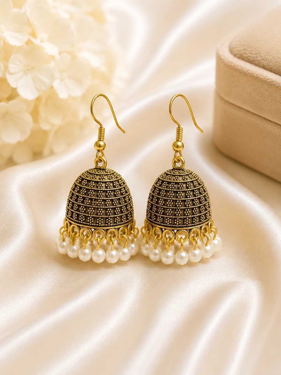 Antique Gold Pearl Drop Jhumka Earrings