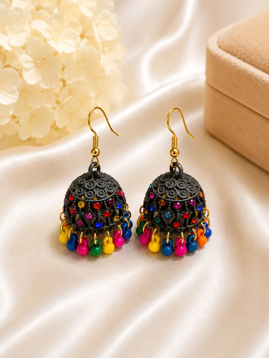 Black Oxidized Multicolor Beaded Jhumka Earrings