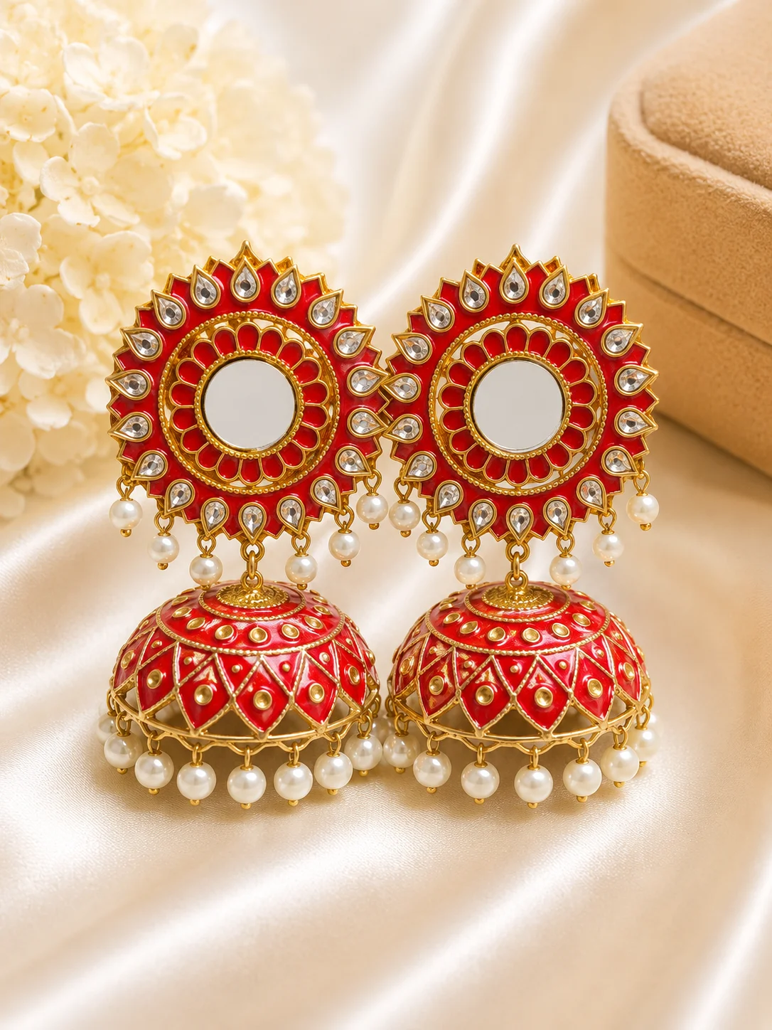 Luxury Black & Red Mirror Jhumka Earrings with Pearl Drop