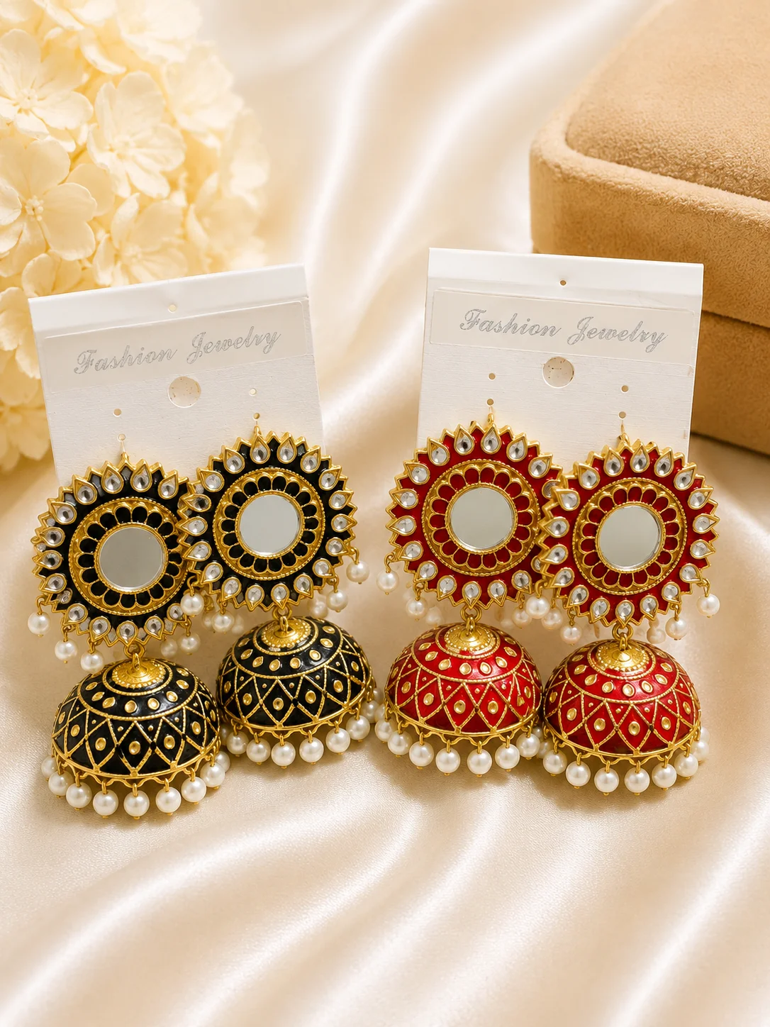 Luxury Black & Red Mirror Jhumka Earrings with Pearl Drop