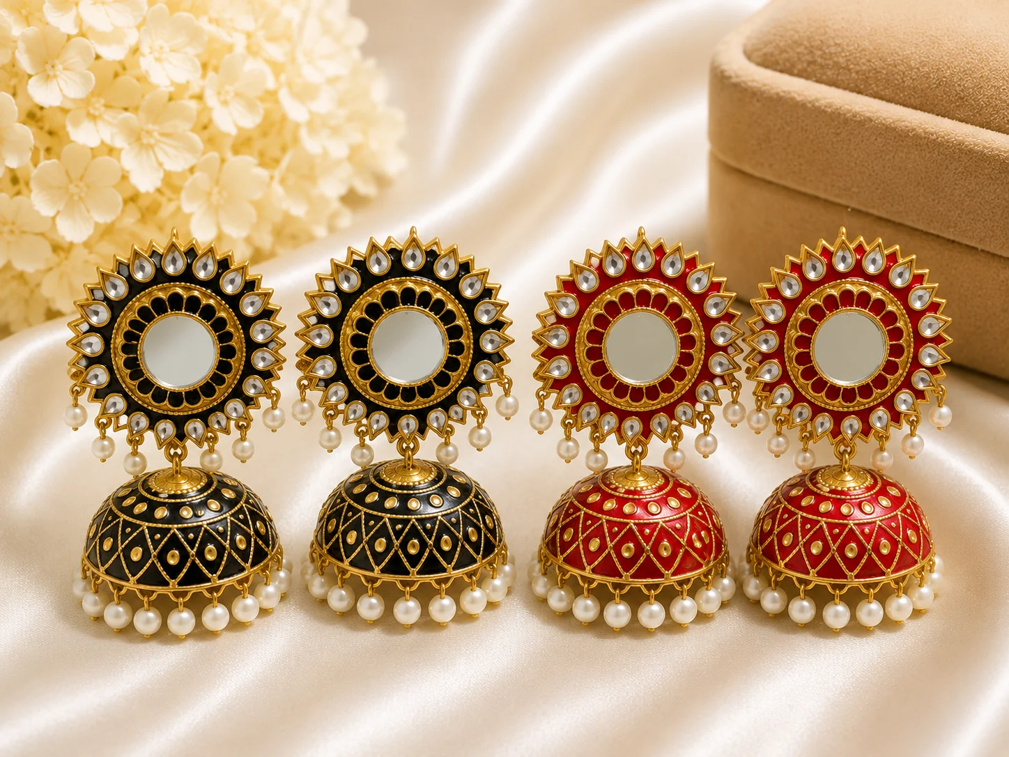 Luxury Black & Red Mirror Jhumka Earrings with Pearl Drop