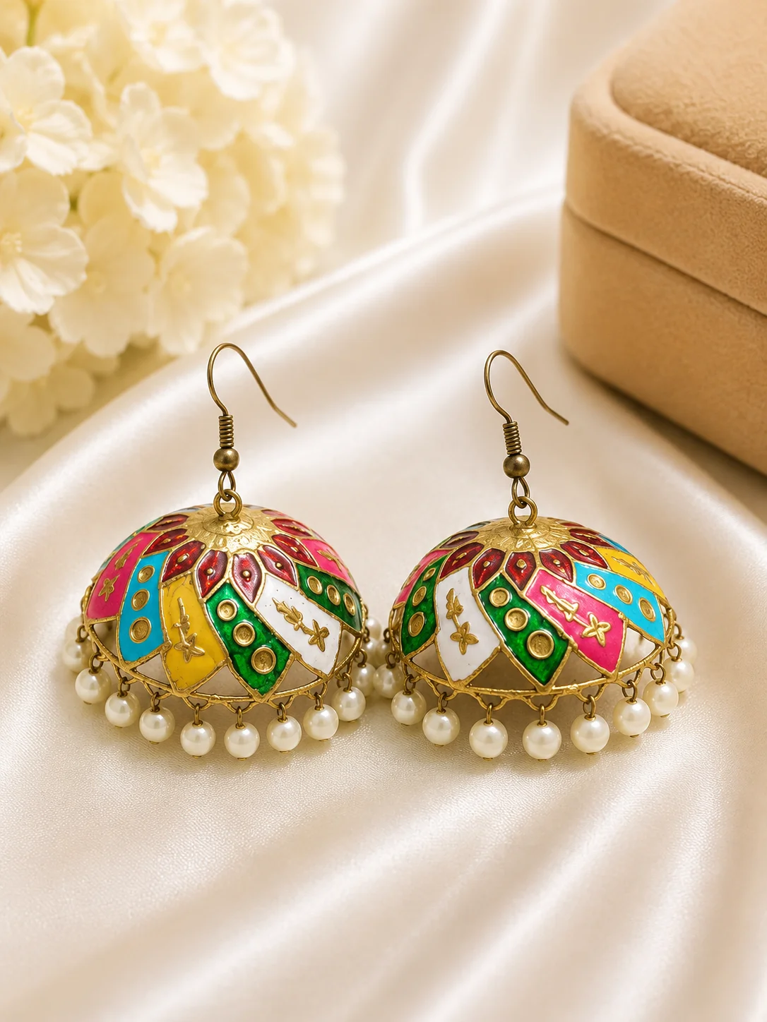 Luxury Multicolor Enamel Jhumka Earrings with Pearl Drops