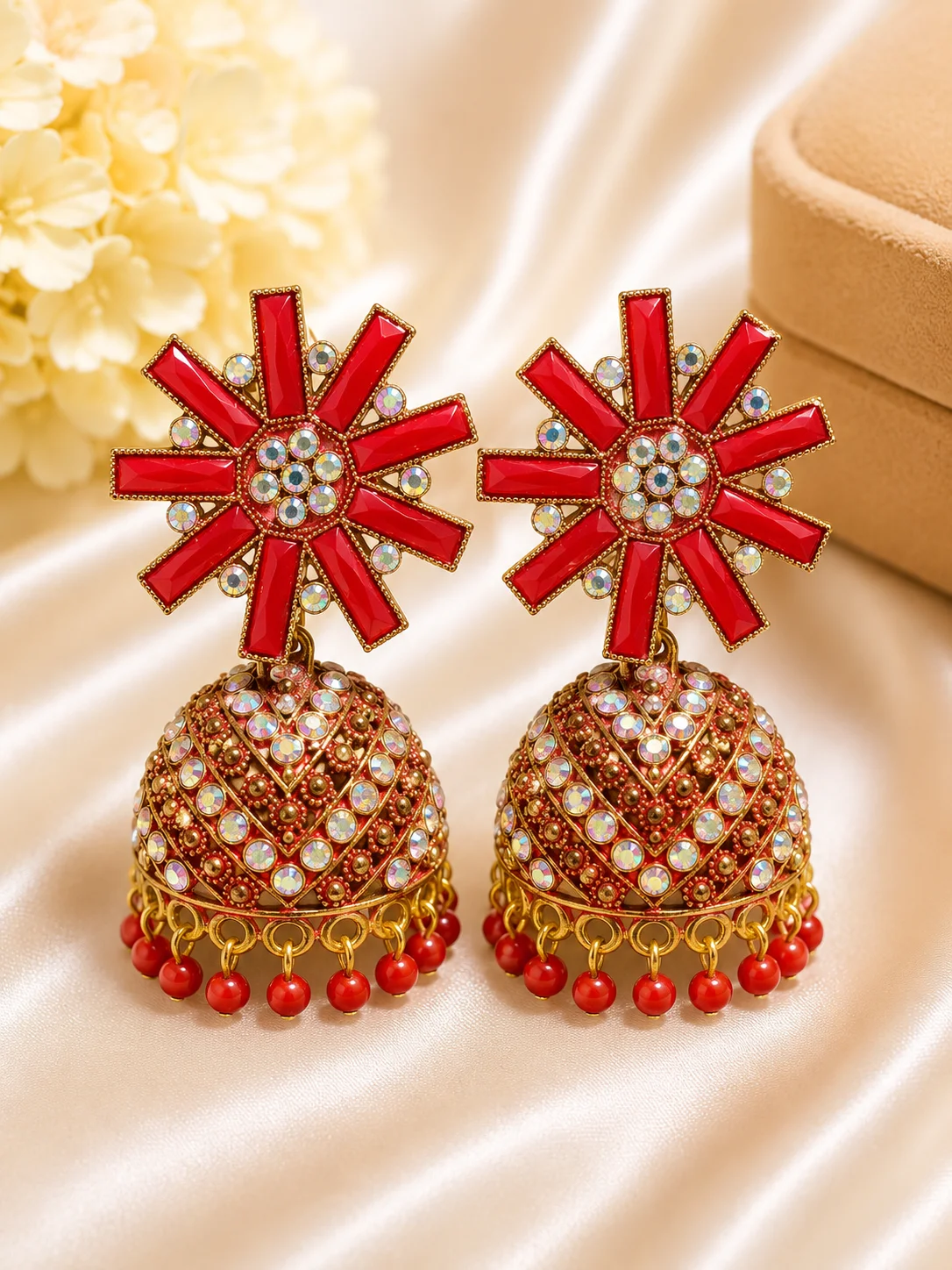 Luxury Red Crystal Floral Jhumka Earrings