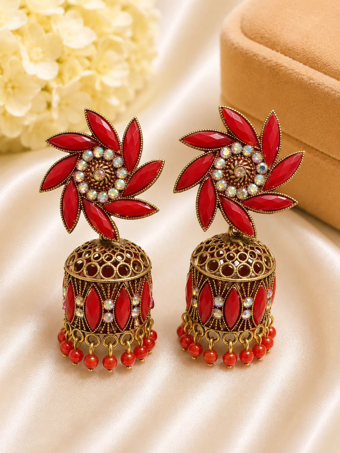 Royal Red Floral Jhumka Earrings