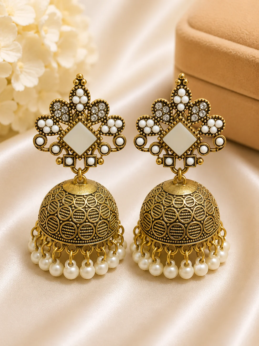 Royal Antique Gold Pearl Jhumka Earrings