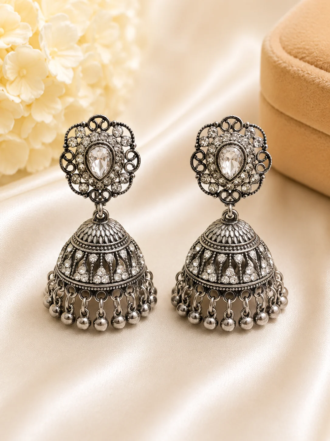 Royal Oxidized Silver Crystal Jhumka Earrings
