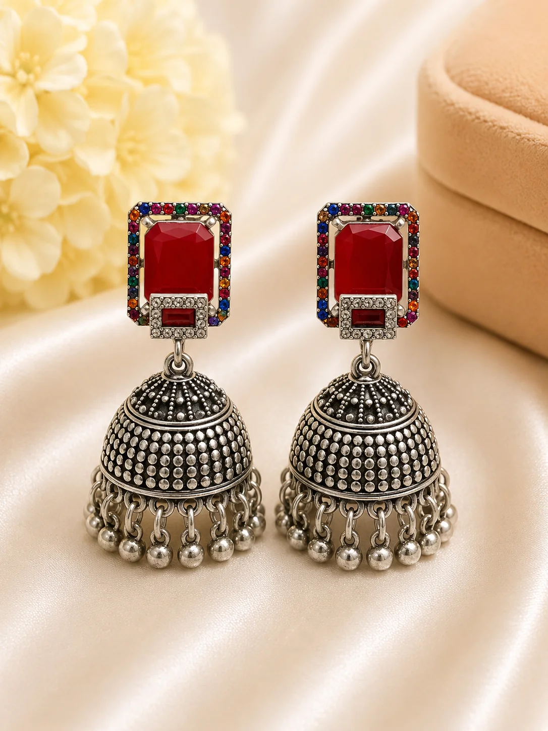 Royal Red Stone Oxidized Silver Jhumka Earrings