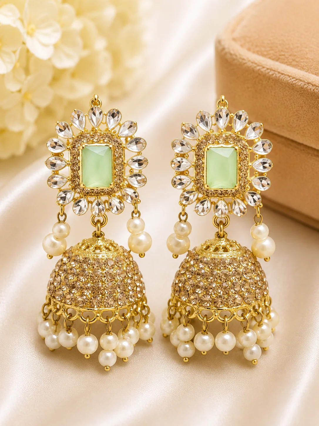 Luxury Mint Green Crystal Gold Jhumka Earrings with Pearl Drops