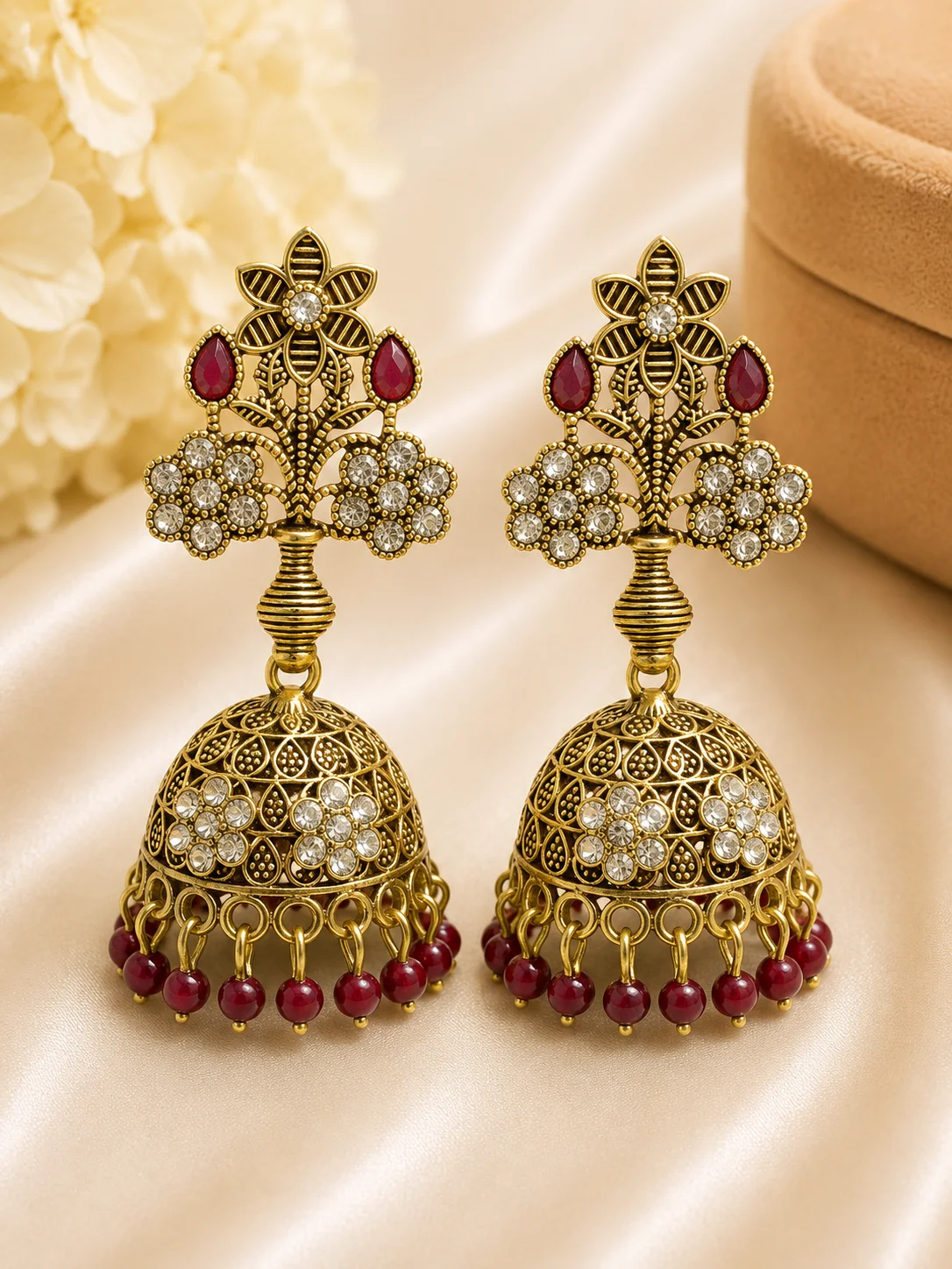 Antique Gold Floral Jhumka Earrings with Ruby Beads