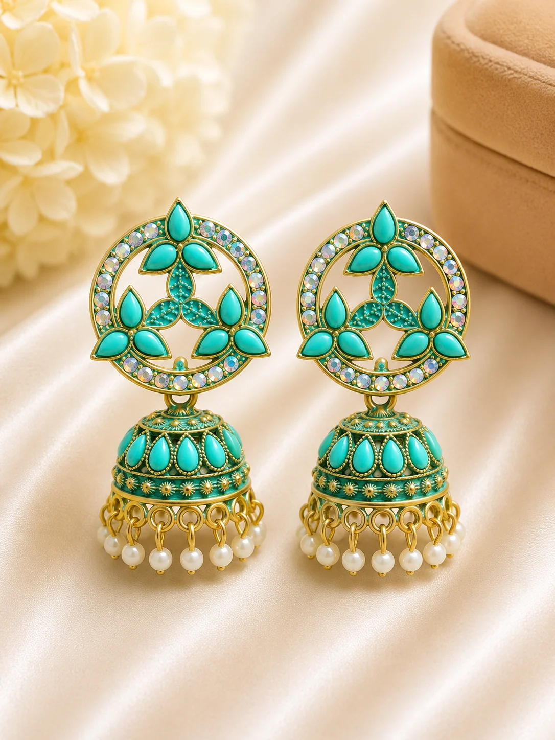 Turquoise Floral Gold Jhumka Earrings with Pearl Drops
