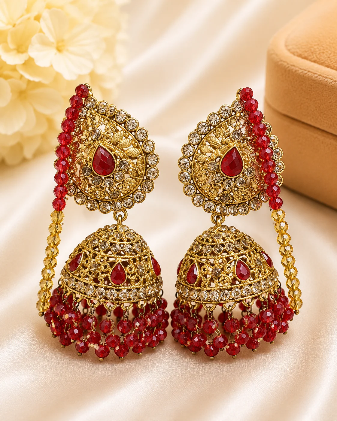 Luxury Red Crystal Bridal Jhumka Earrings