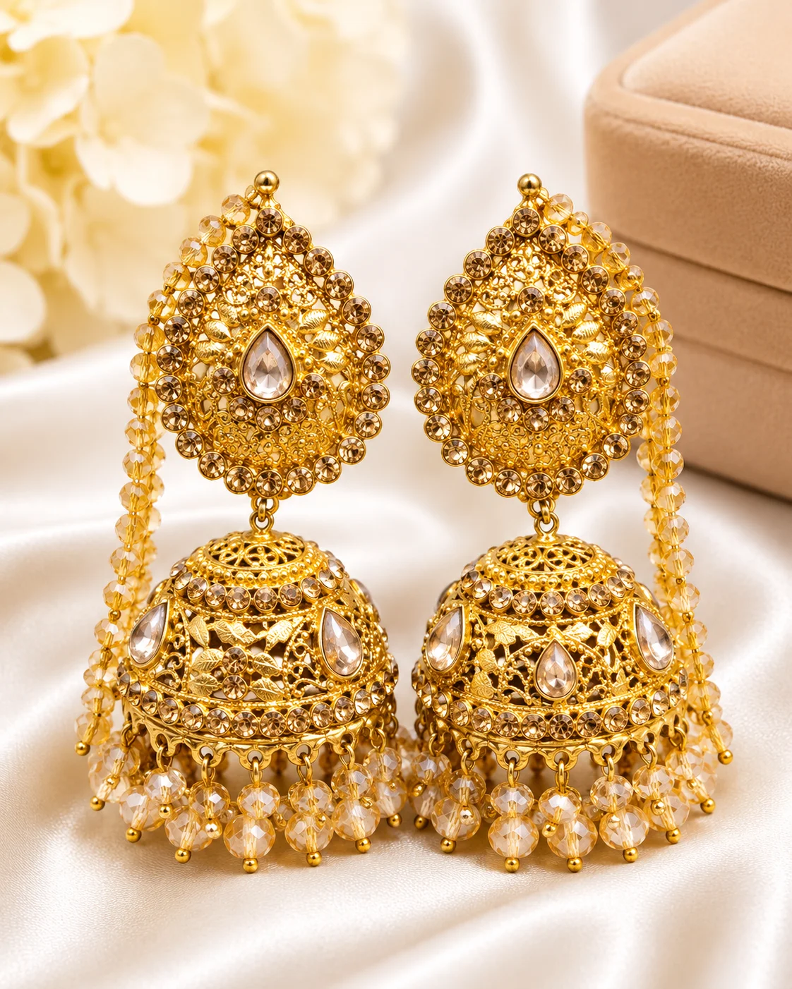 Luxury Golden Crystal Bridal Jhumka Earrings