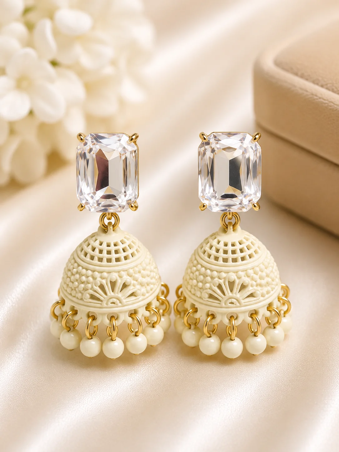 Elegant Ivory Crystal Jhumka Earrings