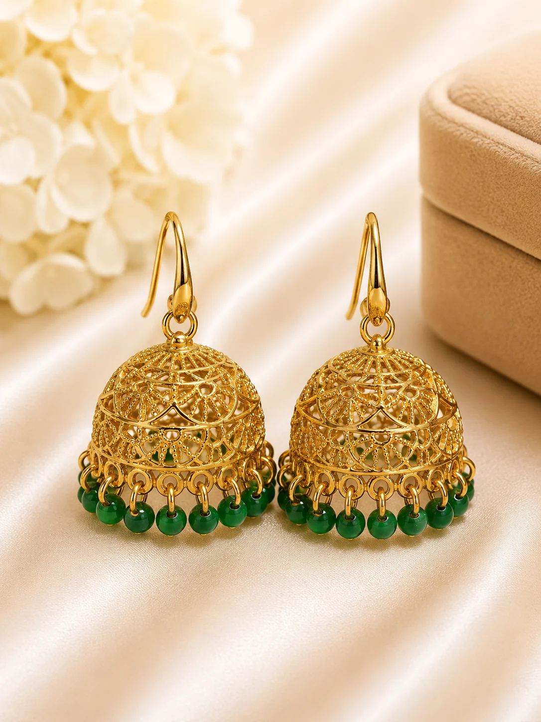 Traditional Golden Jhumka Earrings with Green Beads