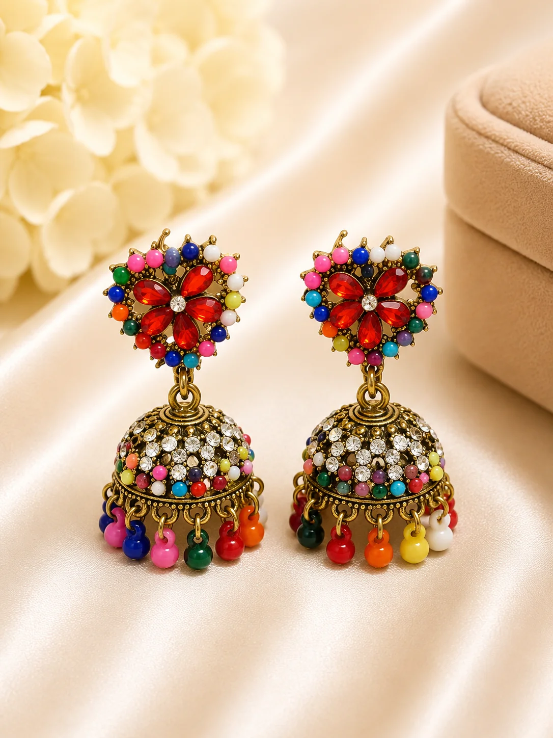 Multicolor Floral Jhumka Earrings with Crystal Stones