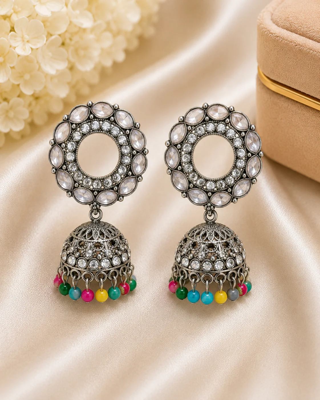Multicolor Antique Silver Jhumki Earrings