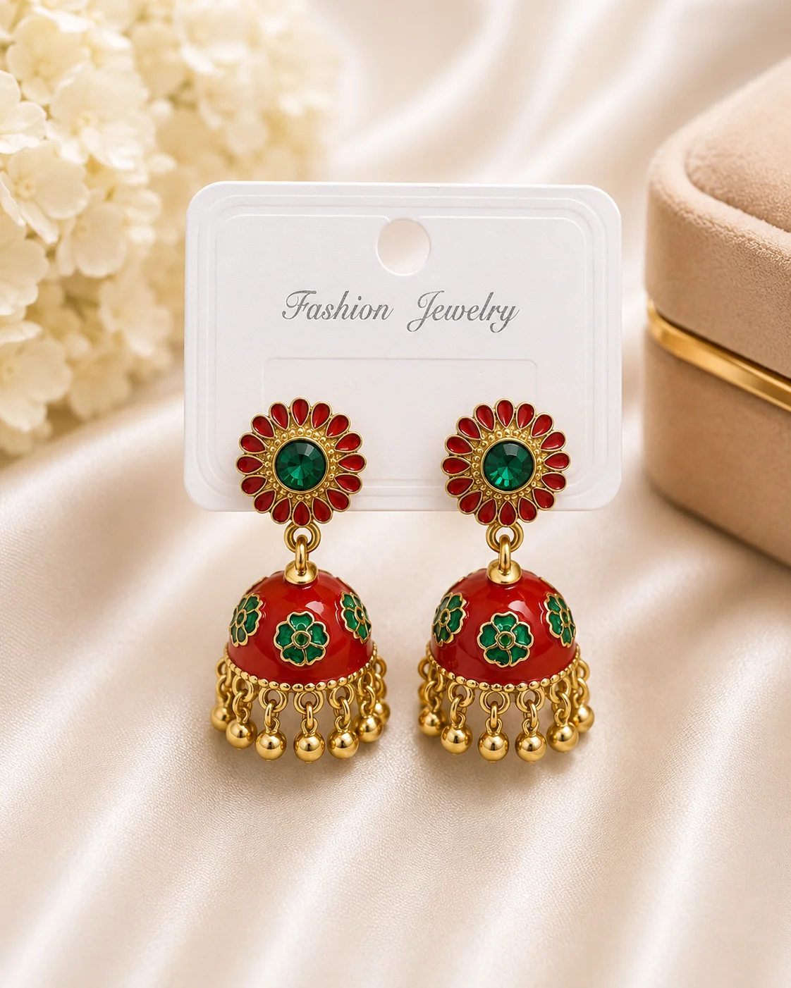 Red & Green Floral Meenakari Jhumka Earrings