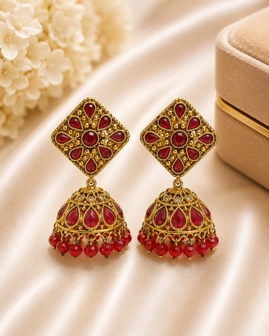 Royal Ruby Red Gold Jhumka Earrings
