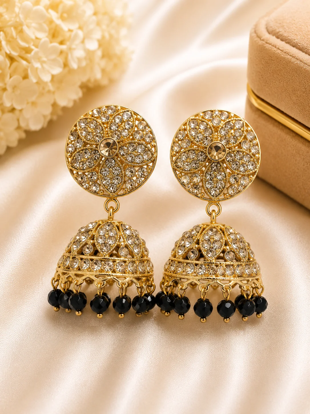 Luxury Crystal Gold Jhumka Earrings with Black Beads