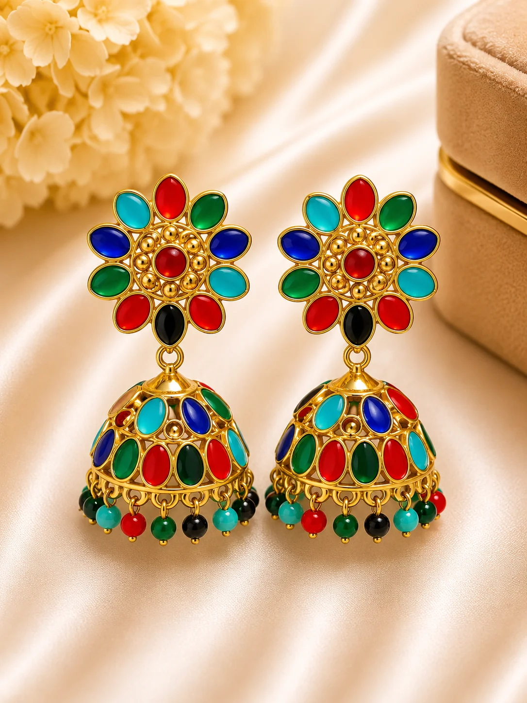 Multicolor Floral Gold Jhumka Earrings