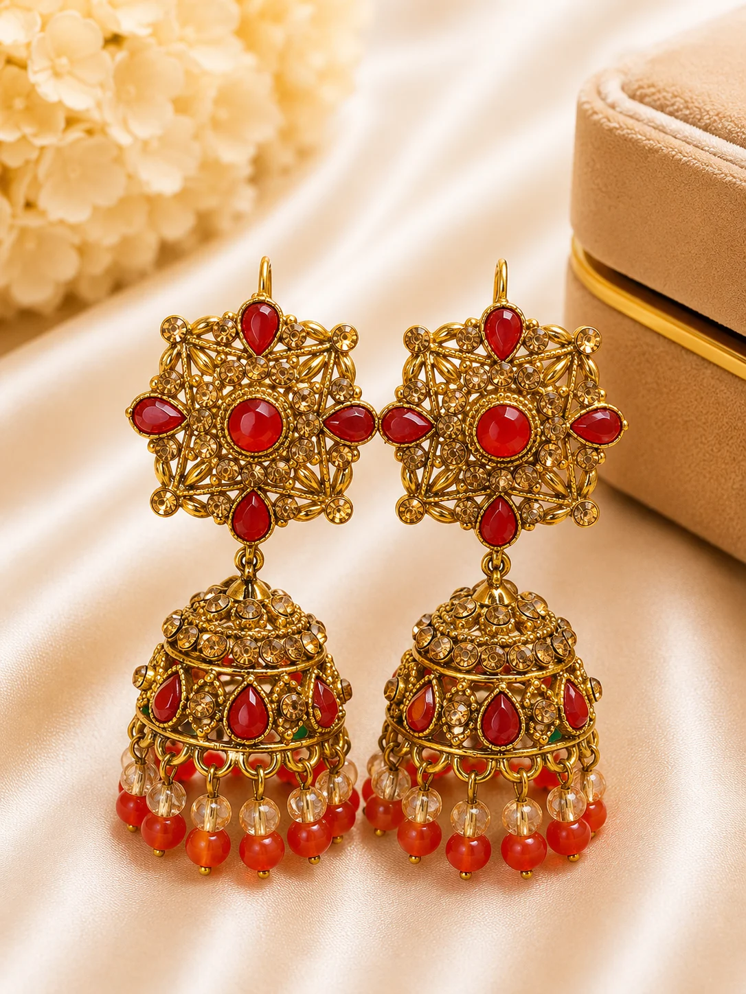 Royal Red Stone Gold Jhumka Earrings