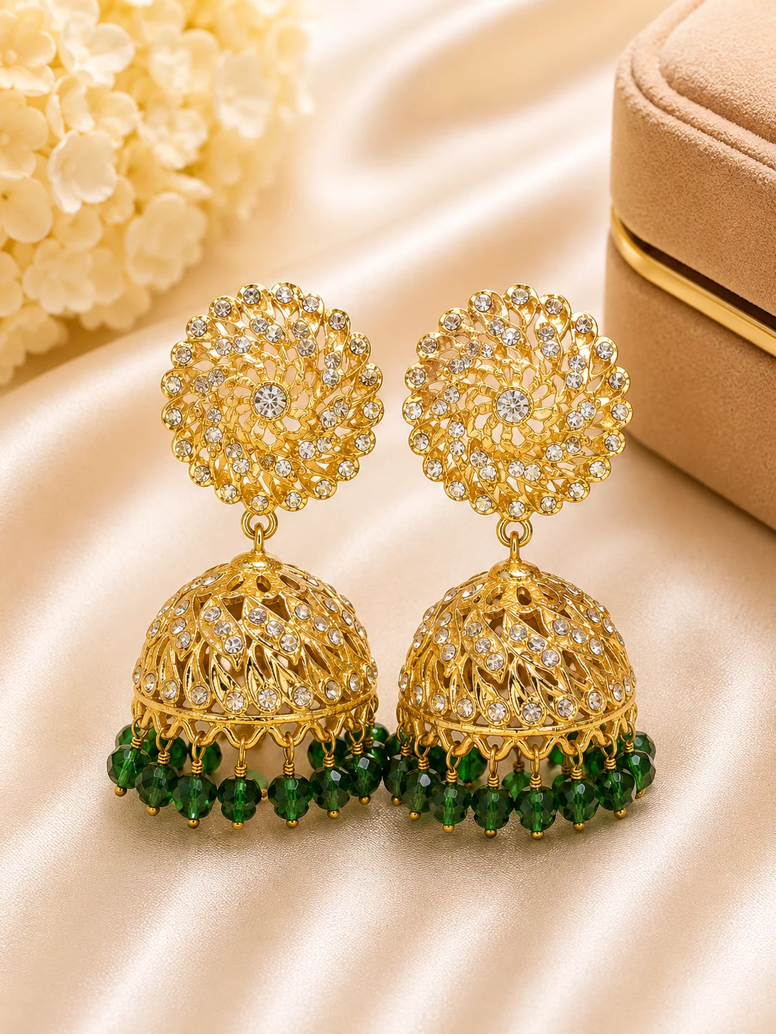 Royal Green Beaded Gold Jhumka Earrings