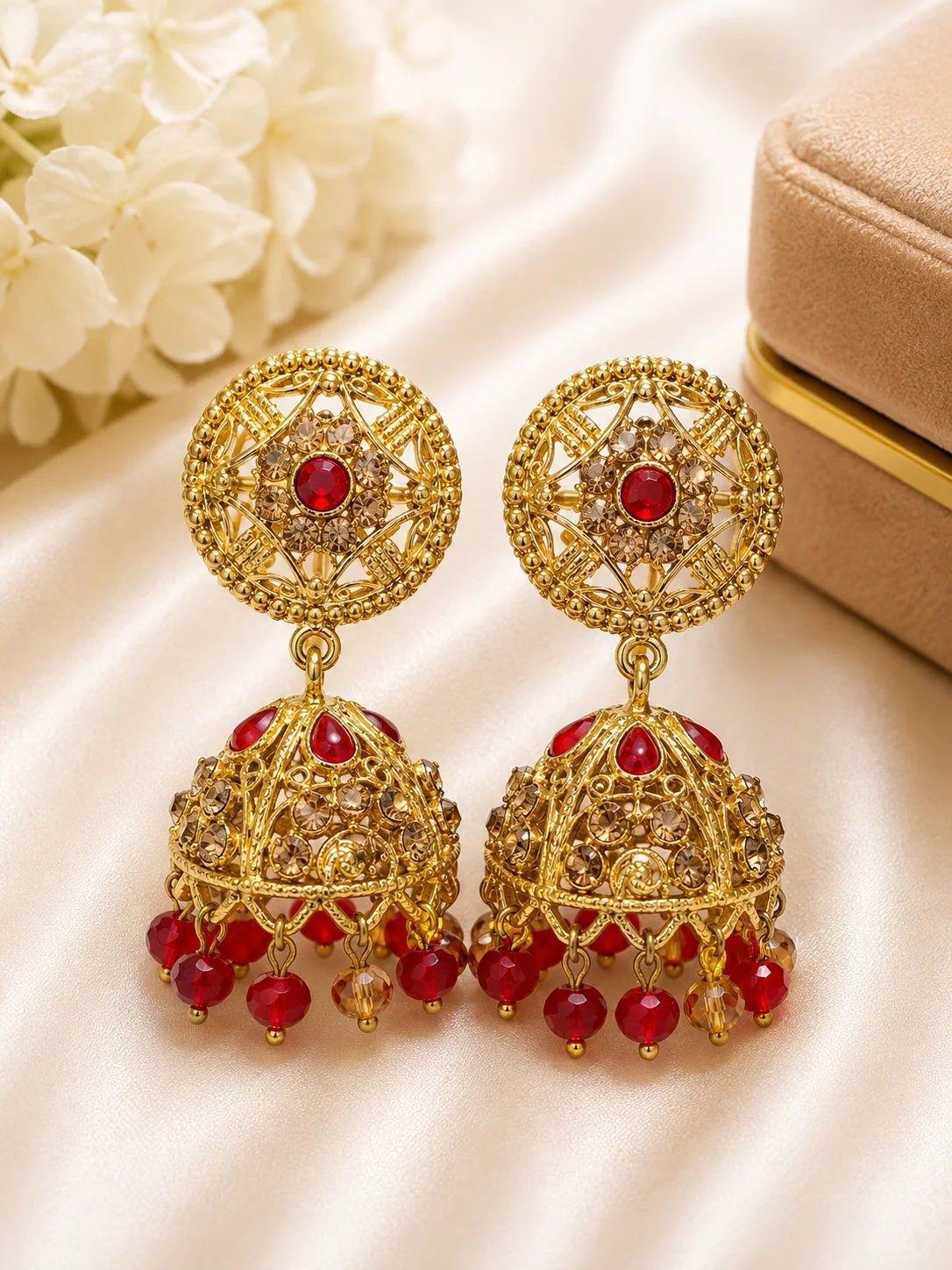 Royal Red Stone Golden Jhumka Earrings