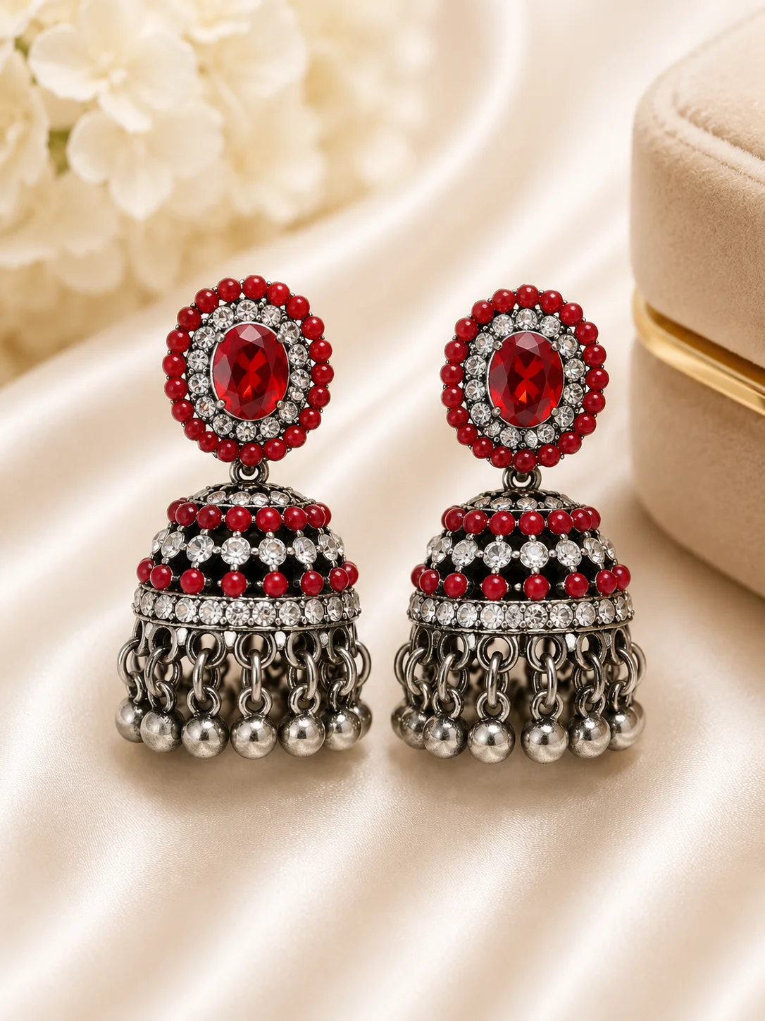 Royal Red Stone Oxidized Jhumka Earrings