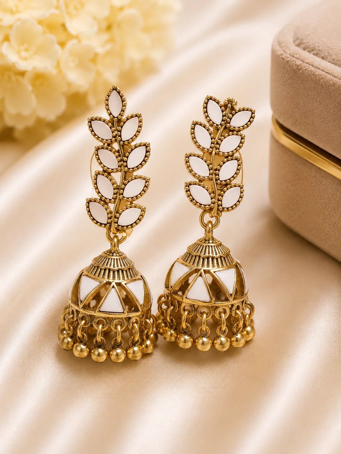 Elegant White Leaf Golden Jhumka Earring