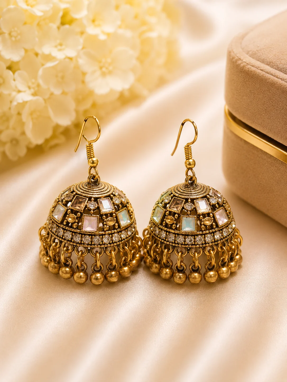 Antique Golden Mirror Stone Jhumka Earrings